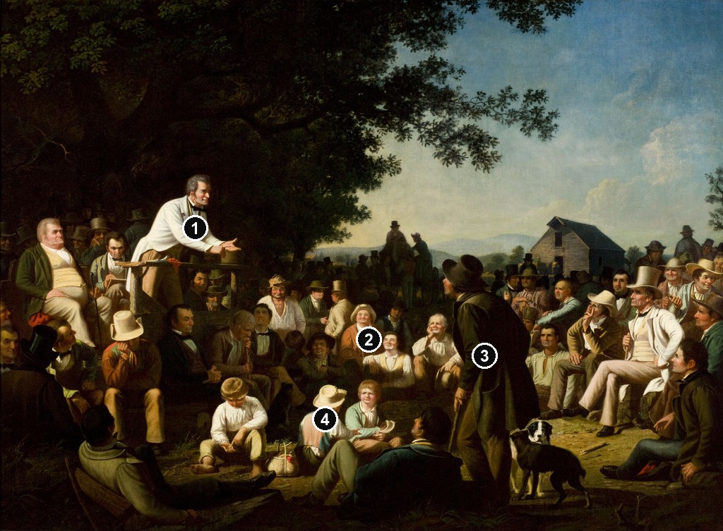 Annotated details from Stump Speaking by George Caleb Bingham